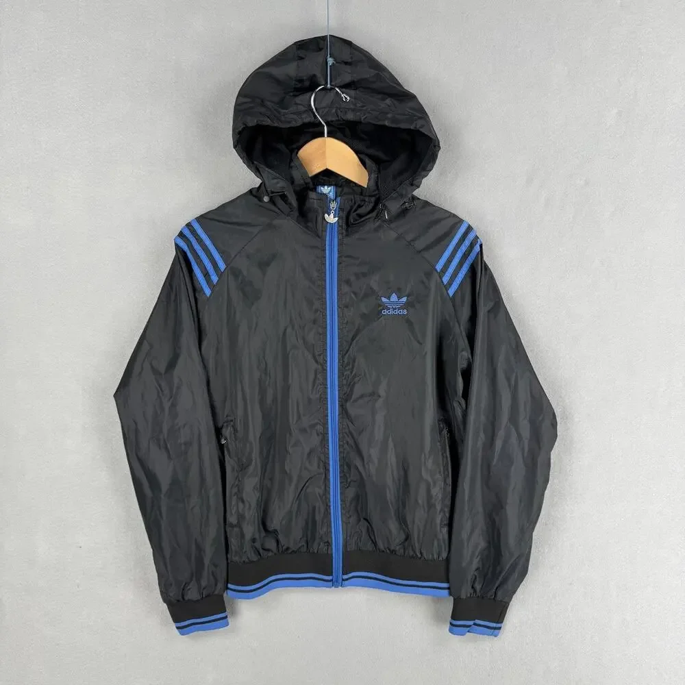 Vintage Adidas Originals Jacket Mens Medium Black Blue Hood Windbreaker Full Zip